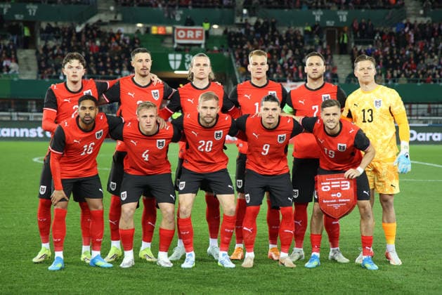 Austria vs South Korea International Football Match, 31.03.2026 VIENNA, AUSTRIA, 27.MAR.26 - SOCCER - OEFB international test match, Austria vs South Korea. The image shows the team from Austria, back row Paul Wanner, Marco Friedl, Patrick Wimmer, Philipp Lienhart, Marko Arnautovic and Patrick Pentz (AUT), fron row Phillipp Mwene, Xaver Schlager, Konrad Laimer, Marcel Sabitzer and Christoph Baumgartner (AUT). Copyright: xBEAUTIFULxSPORTS Rainerx