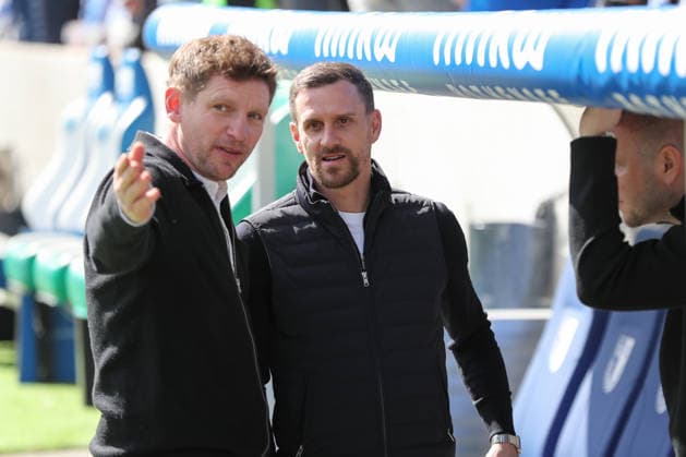 04.04.2026, xgox, Fussball 2. Bundesliga, 1. FC Magdeburg - VfL Bochum emspor, v.l. Peer Jaekel (Magdeburg, Sportdirektor), Simon Zoller (Bochum) (DFL DFB REGULATIONS PROHIBIT ANY USE OF PHOTOGRAPHS as IMAGE SEQUENCES and or QUASI-VIDEO) Magdeburg