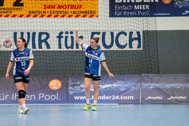 HSG Blomberg-Lippe (GER) vs. Borussia Dortmund (GER), Handball, 1. Handball Bundesliga Frauen, 22. Spieltag, 4.4.2026, Saision 2025 2026, Blomberg Ona Vegue (HSG Blomberg-Lippe, 14) jubelt nach einem Tor Blomberg Sporthalle an der Ulmenallee Deutschland