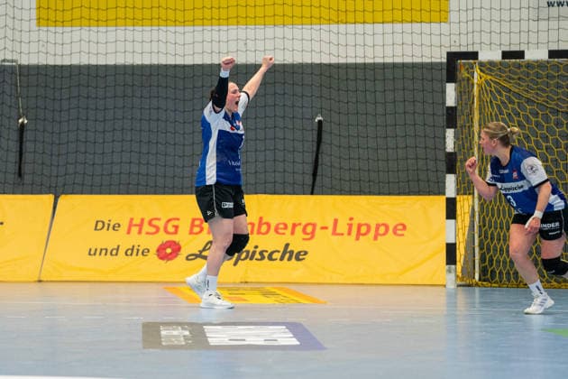 HSG Blomberg-Lippe (GER) vs. Borussia Dortmund (GER), Handball, 1. Handball Bundesliga Frauen, 22. Spieltag, 4.4.2026, Saision 2025 2026, Blomberg Diana Magnusdottir (HSG Blomberg-Lippe, 07) jubelt nach einer Parade Blomberg Sporthalle an der Ulmenallee Deutschland