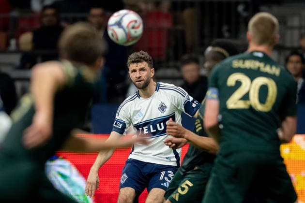 April 4, 2026, Vancouver, Bc, CANADA: Vancouver Whitecaps Thomas Muller (13) kicks the ball during the second half of an MLS, Fussball Herren, USA soccer match against the Portland Timbers in Vancouver, on Saturday, April 4, 2026. Canada News - April 4, 2026 - ZUMAc35_ 20260404_zaf_c35_064 Copyright: xEthanxCairnsx