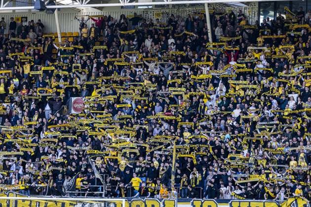 KERKRADE , 06-04-2026 , Parkstad Limburg stadium , season 2025 2026 , Dutch Keuken Kampioen Divisie football , match between Roda JC Kerkrade and Willem II , final score 0-1 , picture shows Roda fans in the stands Roda JC - Willem II  x202879899x Copyright:
