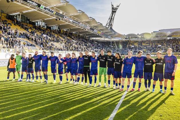 KERKRADE , 06-04-2026 , Parkstad Limburg stadium , season 2025 2026 , Dutch Keuken Kampioen Divisie football , match between Roda JC Kerkrade and Willem II , final score 0-1 , picture shows Willem II players celebrating the win. Roda JC - Willem II  x202880152x Copyright: