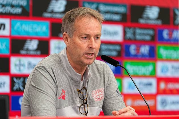 17.04.2026, xydrx, Fußball, Pressekonferenz Bayer 04 Leverkusen mit Cheftrainer Kasper Hjulmand vor dem Bundesliga Spiel gegen den FC Augsburg in der BayArena, Saison 2025 2026 DFB regulations prohibit any use of photographs as image sequences and or quasi-video. Copyright: HMBxMedia YannisxDreimann