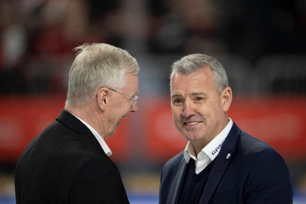 PENNY DEL 1 - Playoff Halbfinale - Kölner Haie - Eisbären Berlin; Köln, 20.04.2026 Kari Jalonen (Kölner Haie, Head Coach); Serge Aubin (Eisbären Berlin, Head Coach); PENNY DEL 1 - Playoff Halbfinale - Kölner Haie - Eisbären Berlin am 20.04.2026 in der Lanxess Arena in Köln (Deutschland). Copyright: xBEAUTIFULxSPORTS AndreasxDickx