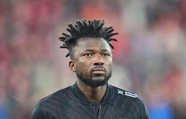 Edmond Tapsoba (Bayer 04 Leverkusen) looks on during Bayer 04 Leverkusen and FC Bayern München, Semifinal DFB-Pokal, at BayArena, Leverkusen, Germany on April 22, 2026. Thor Wegner DeFodi Images. (Photo by DeFodi Images) -