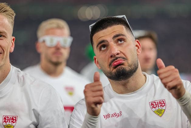 GER, Stuttgart, VfB Stuttgart vs SC Freiburg, DFB-Pokal, Fussball, DFB, Spielzeit 2025 2026, MHP-Arena, Halbfinale im Bild: VfB Stuttgart gewinnt 2:1 nach Toren und steht im DFB Pokalfinale nach dem Sieg gegen den SC Freiburg , Jubel, Freude und Emotionen nach dem Sieg, Deniz Undav (VfB Stuttgart 26) DFB DFL REGULATIONS PROHIBIT ANY USE OF PHOTOGRAPHS AS IMAGE SEQUENCES AND OR QUASI-VIDEO, 22.04.2026 Copyright: HMBxMedia HendrikxHamelau
