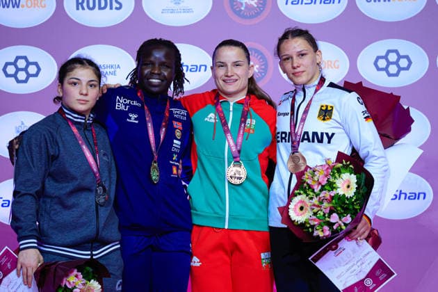 Senior Wrestling European Championships 2026 Podium 62kg WW - Gold: Grace Jacob Bullen (NOR), Silver: Amina Tandelova (UWW), Bronze: Bilyana Zhivkova Dudova (BUL), Naemi Leistner (GER)
