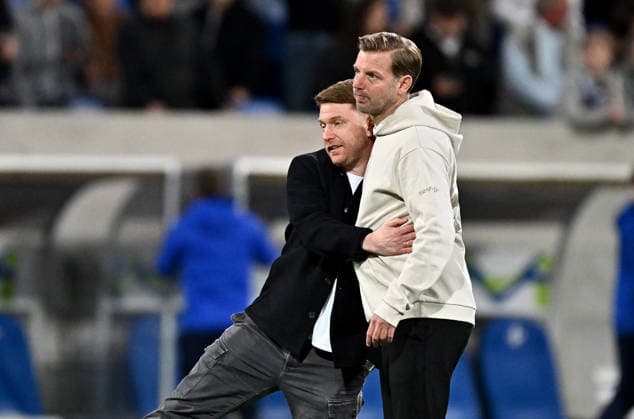 25.04.2026, xfux, Fussball 2.Bundesliga, SV Darmstadt 98 - SV Elversberg v.l. Sportlicher Leiter Sportdirektor Paul Fernie (SV Darmstadt 98), Trainer Florian Kohfeldt (SV Darmstadt 98) (DFL DFB REGULATIONS PROHIBIT ANY USE OF PHOTOGRAPHS as IMAGE SEQUENCES and or QUASI-VIDEO) Darmstadt