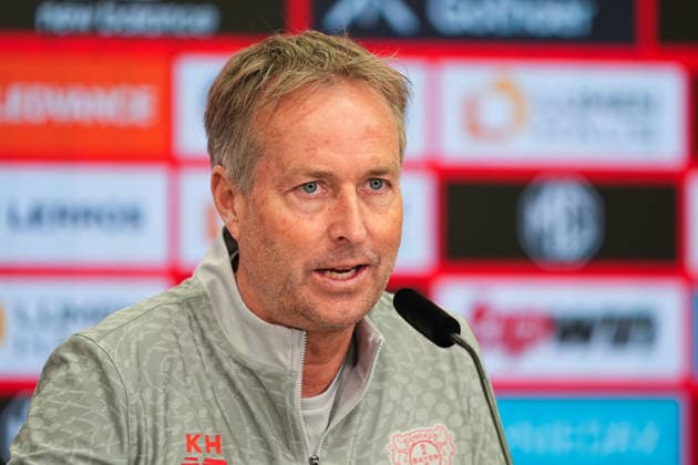 30.04.2026, xydrx, Fußball, Pressekonferenz Bayer 04 Leverkusen mit Cheftrainer Kasper Hjulmand vor dem Bundesliga Heimspiel gegen RB Leipzig, Saison 2025 2026 DFB regulations prohibit any use of photographs as image sequences and or quasi-video. Copyright: HMBxMedia YannisxDreimann