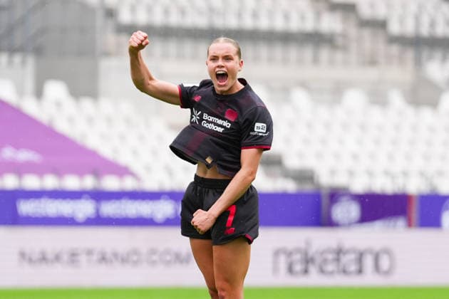 03.05.2026, xydrx, Frauen, Fußball, 1.Frauen-Bundesliga, SGS Essen - Bayer 04 Leverkusen, Saison 2025 2026, Stadion an der Hafenstraße: Torjubel nach dem Tor zum 4:0 für Bayer 04 Leverkusen durch Torschützin Cornelia Kramer (Bayer 04 Leverkusen, 7) DFB regulations prohibit any use of photographs as image sequences and or quasi-video. Copyright: HMBxMedia YannisxDreimann