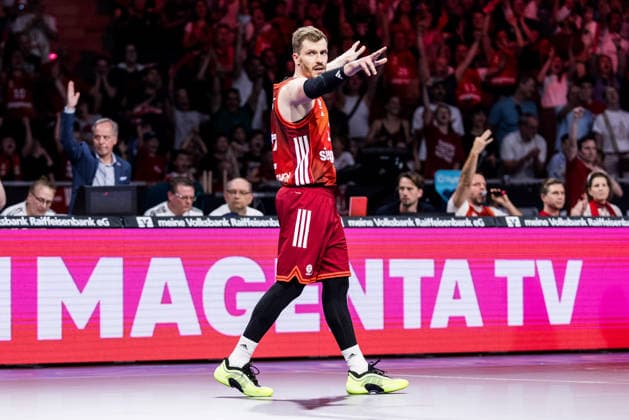 MUNICH, GERMANY - MAY 03: Andreas Andi Obst (FC Bayern Muenchen, 13) cheers during the easyCredit Basketball Bundesliga match between FC Bayern Muenchen vs. Rasta Vechta at BMW Park on matchday 32 of the easyCredit Basketball Bundesliga on May 03, 2026 in Munich, Germany. Bavaria Germany Copyright: xSteffiexWunderlx