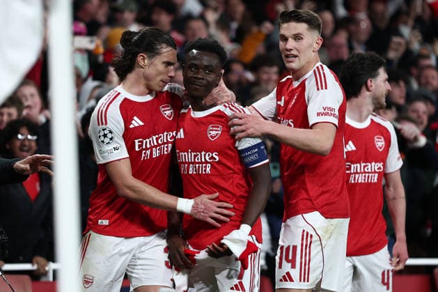 London, England, 5th May 2026. Bukayo Saka (C) of Arsenal celebrates after scoring to make it 1-0 during the Arsenal vs Atletico Madrid UEFA Champions League match at the Emirates Stadium, London. Picture credit should read: David Klein Sportimage EDITORIAL USE ONLY. No use with unauthorised audio, video, data, fixture lists, club league logos or live services. Online in-match use limited to 120 images, no video emulation. No use in betting, games or single club league player publications. SPI_083_DK_Arsenal_Athletico_Madrid SPI-4781-0083