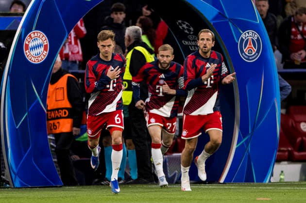 MUNICH, GERMANY - MAY 6: Joshua Kimmich (FC Bayern Muenchen, 6), Harry Kane (FC Bayern Muenchen, 9) and Konrad Laimer (FC Bayern Muenchen, 27) stepping onto the pitch for warm-up before the match the UEFA Champions League Semi-Final between FC Bayern Muenchen vs Paris Saint-Germain at Allianz Arena at Semi-Finals 2nd leg of the UEFA Champions League on May 6, 2026 in Munich, Germany. Bavaria Germany Copyright: xSteffiexWunderlx