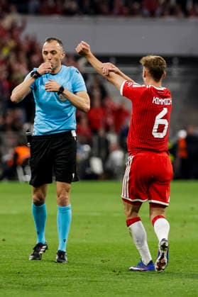 MUNICH, GERMANY - MAY 6: Joshua Kimmich (FC Bayern Muenchen, 6) gestures towards referee Joao Pinheiro during the UEFA Champions League Semi-Final between FC Bayern Muenchen vs Paris Saint-Germain at Allianz Arena at Semi-Finals 2nd leg of the UEFA Champions League on May 6, 2026 in Munich, Germany. Bavaria Germany Copyright: xSteffiexWunderlx