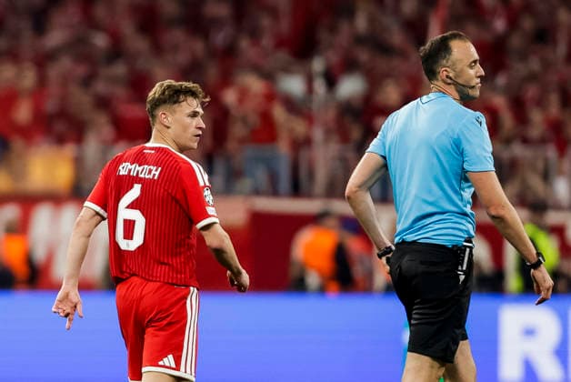 MUNICH, GERMANY - MAY 6: Joshua Kimmich (FC Bayern Muenchen, 6), referee Joao Pinheiro during the UEFA Champions League Semi-Final between FC Bayern Muenchen vs Paris Saint-Germain at Allianz Arena at Semi-Finals 2nd leg of the UEFA Champions League on May 6, 2026 in Munich, Germany. Bavaria Germany Copyright: xSteffiexWunderlx