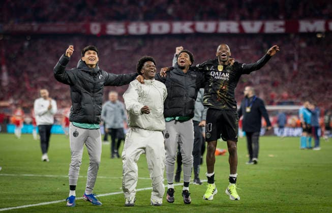 Munich, Germany. 06th Mai 2026. Kang-in Lee (Paris) Quentin Ndjantou (Paris) Ousmane Dembele (Paris) FC Bayern München - Paris Saint Germain 06.05.2026