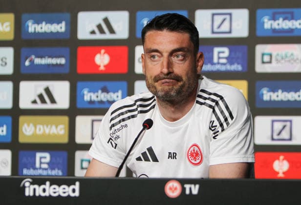 07.05.2026, xmpffx, Fussball 1.Bundesliga, Eintracht Frankfurt - Pressekonferenz v.l. Trainer Albert Riera (Eintracht Frankfurt) (DFL DFB REGULATIONS PROHIBIT ANY USE OF PHOTOGRAPHS as IMAGE SEQUENCES and or QUASI-VIDEO) Frankfurt am Main