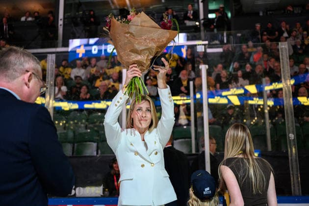 260507 Danijela Rundqvist on the ice as he is inducted into the Swedish Ice hockey, Eishockey Hall of Fame ahead of the Beijer Hockey Games game between Czech Republic and Sweden on May 7, 2026 in Ängelholm. Photo: Petter Arvidson BILDBYRAN kod PA PA1209 ishockey ice hockey hockey games beijer hockey games tjeckien czech republic sverige sweden bbeng Copyright: PETTERxARVIDSON BB260507PA108