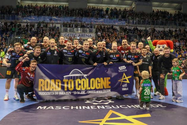 07.05.2026, xgox, Handball - EHF Champions League - 1 4 Finale SC Magdeburg - Pick Szeged v.l. Magdeburg Jubel ueber den Sieg, Jubel nach Spielende Magdeburg