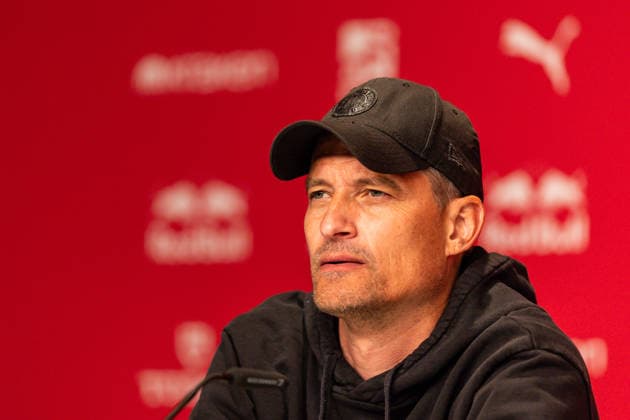 GER, Bundesliga, RB Leipzig - FC St. Pauli. 09.05.2026, Red Bull Arena, Leipzig, GER, Bundesliga, RB Leipzig - FC St. Pauli. Alexander Blessin (Coach FC St. Pauli) bei der Pressekonferenz Â