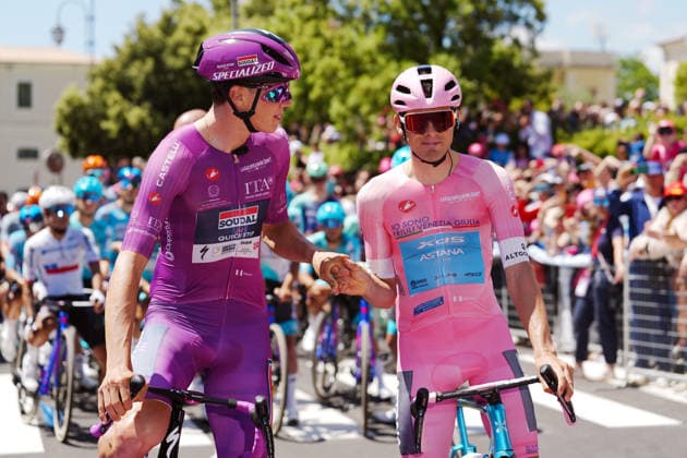 Uruguay™s Guillermo Thomas Silva Coussan of XDS Astana Team and France™s Paul Magnier of Soudal Quick-Step during Stage 4 of the Giro d™Italia, from Catanzaro to Cosenza, Italy, Tuesday, May 12, 2026.  Copyright: xMassimoxPaolone LaPressex