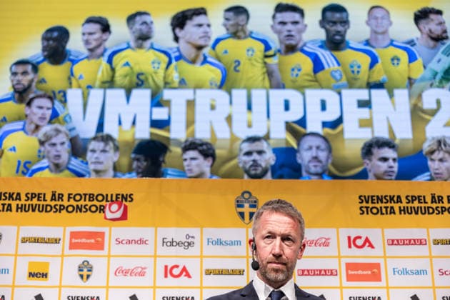 260512 Head coach Graham Potter of the Swedish men s national football team during a press conference, PK, Pressekonferenz on May 12, 2026 in Stockholm. Photo: Jonathan Näckstrand BILDBYRAN COP 94 JN0270 fotboll football soccer fotball vm FIFA World Cup, WM, Weltmeisterschaft, Fussball presskonferens press conference sverige sweden sverige a bbeng Copyright: JONATHANxNÄCKSTRAND BB260512JN013