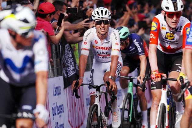 Switzerland™s Jan Christen of UAE Team Emirates XRG on the finish line during Stage 4 of the Giro d™Italia, from Catanzaro to Cosenza, Italy, Tuesday, May 12, 2026.  Copyright: xGianxMattiaxD Albertox xLaPressex