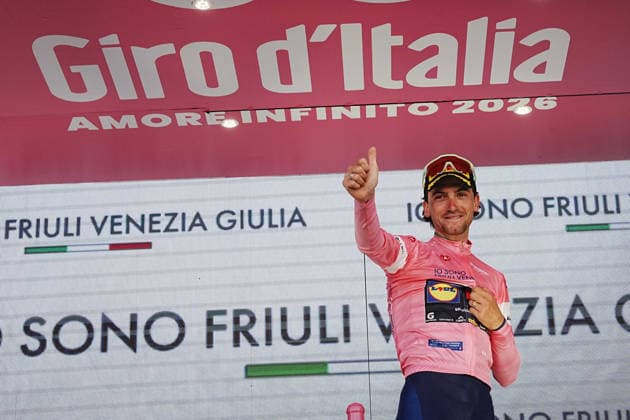 Italy™s Giulio Ciccone of Lidl-Trek pink jersey on the podium during Stage 4 of the Giro d™Italia, from Catanzaro to Cosenza, Italy, Tuesday, May 12, 2026.  Copyright: xGianxMattiaxD Albertox xLaPressex