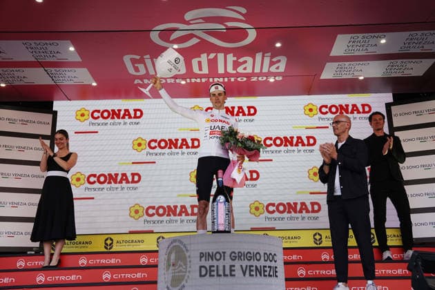 Switzerland™s Jan Christen of UAE Team Emirates XRG white jersey during Stage 4 of the Giro d™Italia, from Catanzaro to Cosenza, Italy, Tuesday, May 12, 2026.  Copyright: xGianxMattiaxD Albertox xLaPressex