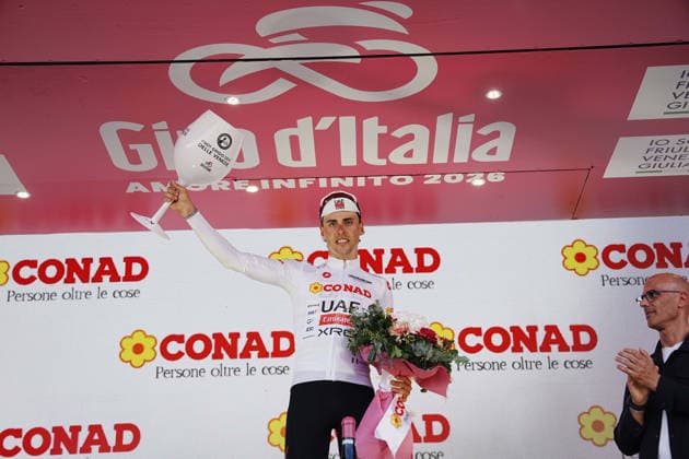 Switzerland™s Jan Christen of UAE Team Emirates XRG white jersey during Stage 4 of the Giro d™Italia, from Catanzaro to Cosenza, Italy, Tuesday, May 12, 2026.  Copyright: xGianxMattiaxD Albertox xLaPressex