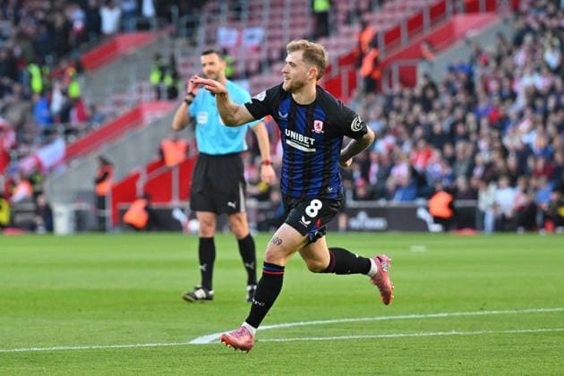 Southampton v Middlesbrough, EFL Sky Bet Championship, Play Off Second Leg Goal 0-1 - Riley McGree (8) of Middlesbrough celebrates scoring the opening goal during the EFL Sky Bet Championship Play Off Second Leg match between Southampton and Middlesbrough at the St Mary s Stadium, Southampton, UK on 12 May 2026. Southampton St Mary s Stadium Hampshire UK Editorial use only DataCo restrictions apply See www.football-dataco.com , Copyright: xGrahamxHuntx PSI-24239-0041
