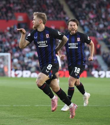 Riley McGree of Middlesbrough celebrates scoring a goal to make the score 0-1 Southampton v Middlesbrough, EFL Sky Bet Championship, Play-Off Semi Final, Second Leg, Football, St Mary s Stadium, Southampton, UK - 12 May 2026Southampton St Mary s Stadium United Kingdom EDITORIAL USE ONLY No use with unauthorised audio, video, data, fixture lists, club league logos or live services. Online in-match use limited to 120 images, no video emulation. No use in betting, games or single club league player publications. Copyright: xKieranxMcManus Shutterstockx 16871478ak