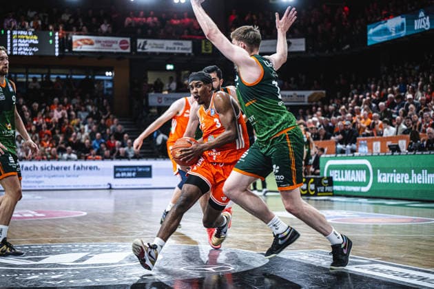 1. Basketball Bundesliga, easyCredit BBL, Saison 2025 2026, Herren, Play-Ins, Spiel um Platz 7, 12.05.2026, RASTA Vechta - Gladiators Trier Malik Parsons ( 3 - RASTA Vechta) in Aktion Vechta RASTA Dome Niedersachsen Deutschland