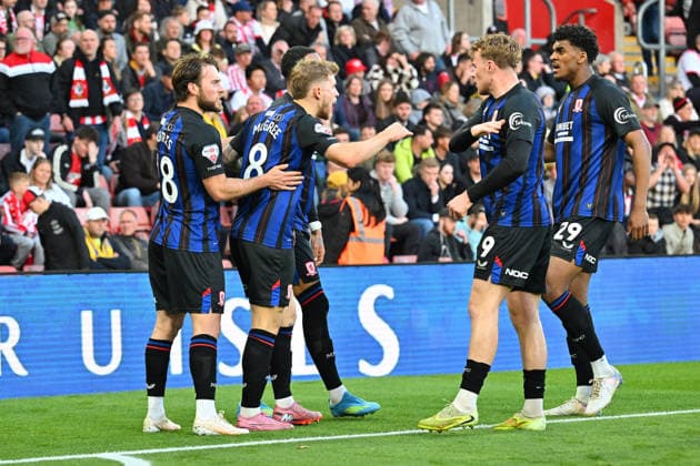 Southampton v Middlesbrough, EFL Sky Bet Championship, Play Off Second Leg Goal 0-1 - Riley McGree (8) of Middlesbrough celebrates scoring the opening goal during the EFL Sky Bet Championship Play Off Second Leg match between Southampton and Middlesbrough at the St Mary s Stadium, Southampton, UK on 12 May 2026. Southampton St Mary s Stadium Hampshire UK Editorial use only DataCo restrictions apply See www.football-dataco.com , Copyright: xGrahamxHuntx PSI-24239-0048