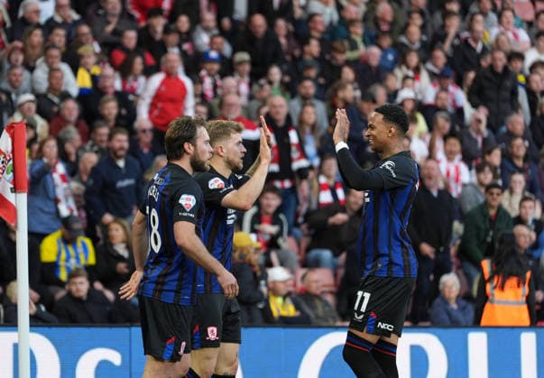 Southampton v Middlesbrough, EFL Sky Bet Championship, Play-Off Semi Final, Second Leg Football, St Marys Stadium, Southampton, UK - 12 May 2026 GOAL 0-1. Riley McGree (C) of Middlesbrough celebrates with his teammates after scoring the opening goal. Southampton St Marys Stadium Southampton UK, UK NEWSPAPERS OUT Copyright: xSeanxRyanx