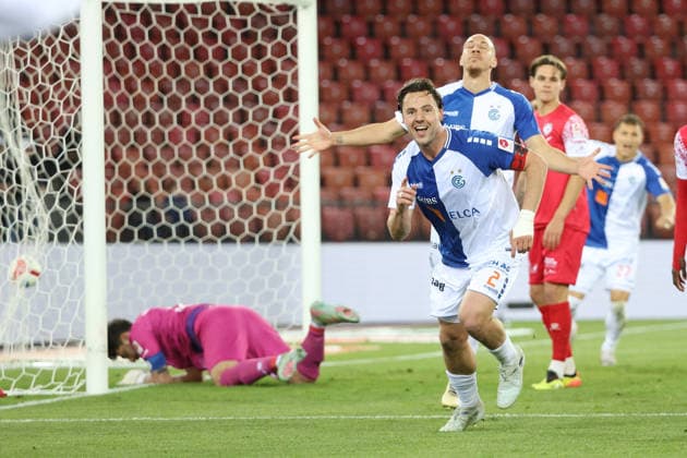 Grasshopper - FC Winterthur Torjubel Dirk Abels (GC) nach dem Treffer zum 3:2 12.05.2026 Stadion Letzigrund Zuerich , SCHWEIZ, Saison 2025 2026 Herren Fussball Super League Grasshopper Club Zuerich - FC Winterthur Torjubel Dirk Abels (GC) nach dem Treffer zum 3:2 gegen Torwart Stefanos Kapino (FCW)