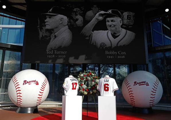 A tribute to former Atlanta Braves manager Bobby Cox, who passed away last Saturday, and Ted Turner, who passed away last week, outside Truist Park before the game between the Chicago Cubs and the Atlanta Braves on Tuesday, May 12, 2026 in Atlanta, Georgia.  ATL20260512106 MikexZarrilli