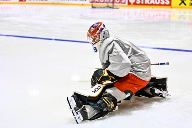 Goalkeeper Dominik Pavlat attends Czech national Ice hockey, Eishockey team training session at the 2026 IIHF Ice Hockey World Championship, WM, Weltmeisterschaft in Fribourg, Switzerland, on May 13, 2026. (CTKxPhoto RadekxPetrasek) CTKPhotoP2026051304221  CTKPhotoP2026051304221