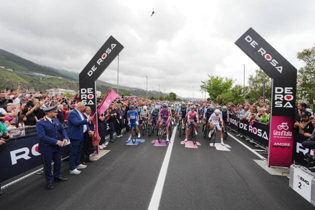 Italy™s Giulio Ciccone of Lidl-Trek pink jersey , Spain™s Diego Pablo Sevilla Lopez of Team Polti VisitMalta blue jersey ,France™s Paul Magnier of Soudal Quick-Step ciclamino jersey , Switzerland™s Jan Christen of UAE Team Emirates XRG White jersey during Stage 5 of the Giro d™Italia, from Praia a Mare to Potenza, Italy, Wednesday, May 13, 2026.  Copyright: xMassimoxPaolone LaPressex
