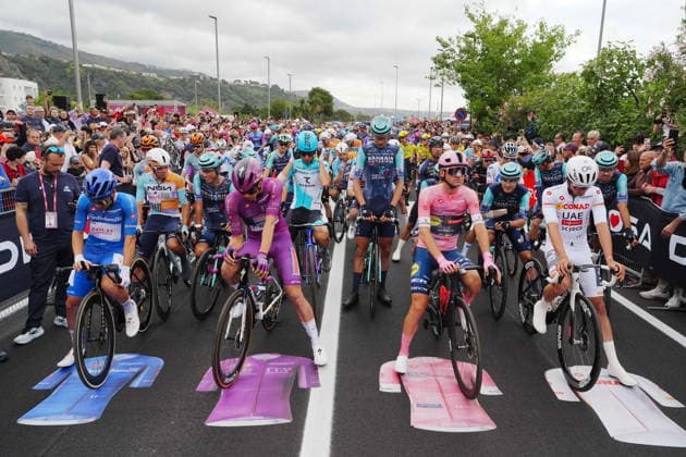Italy™s Giulio Ciccone of Lidl-Trek pink jersey , Spain™s Diego Pablo Sevilla Lopez of Team Polti VisitMalta blue jersey ,France™s Paul Magnier of Soudal Quick-Step ciclamino jersey , Switzerland™s Jan Christen of UAE Team Emirates XRG White jersey during Stage 5 of the Giro d™Italia, from Praia a Mare to Potenza, Italy, Wednesday, May 13, 2026.  Copyright: xMassimoxPaolone LaPressex