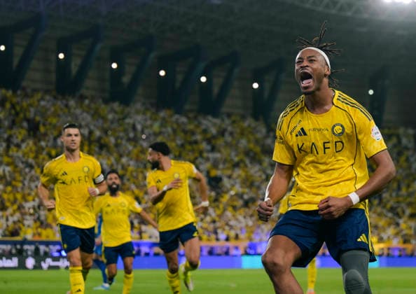 RIYADH, SAUDI ARABIA - MAY 12: Mohamed Simakan of Al Nassr celebrates after scoring his sides first goal during the Saudi Pro League match between Al Nassr and Al Hilal at Al Awwal Park on May 12, 2026 in Riyadh, Saudi Arabia.  Copyright: xKhalidxAlhaj MBxMediax