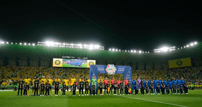 RIYADH, SAUDI ARABIA - MAY 12: The Al Nassr and Al Hilal teams line up before the Saudi Pro League match between Al Nassr and Al Hilal at Al Awwal Park on May 12, 2026 in Riyadh, Saudi Arabia.  Copyright: xKhalidxAlhaj MBxMediax