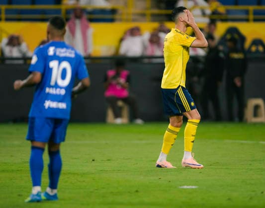 RIYADH, SAUDI ARABIA - MAY 12: Cristiano Ronaldo of Al Nassr shows dejection during the Saudi Pro League match between Al Nassr and Al Hilal at Al Awwal Park on May 12, 2026 in Riyadh, Saudi Arabia.  Copyright: xKhalidxAlhaj MBxMediax