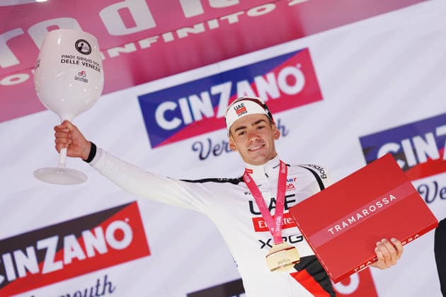 Spain™s Igor Arrieta Lizarraga of UAE Team Emirates XRG winner on the podium during Stage 5 of the Giro d™Italia, from Praia a Mare to Potenza, Italy, Wednesday, May 13, 2026.  Copyright: xGianxMattiaxD Albertox xLaPressex