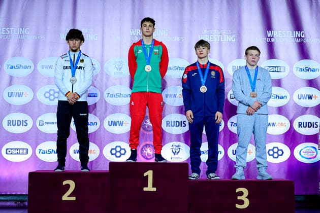 U17, U 17 Wrestling European Championships Podium 60kg GR - Gold: Georgi Petrov Markov (BUL), Silver: Christiano Liebzeit (GER), Bronze: Vlad Duminica (MDA), Mikhail Stepanov (RUS)