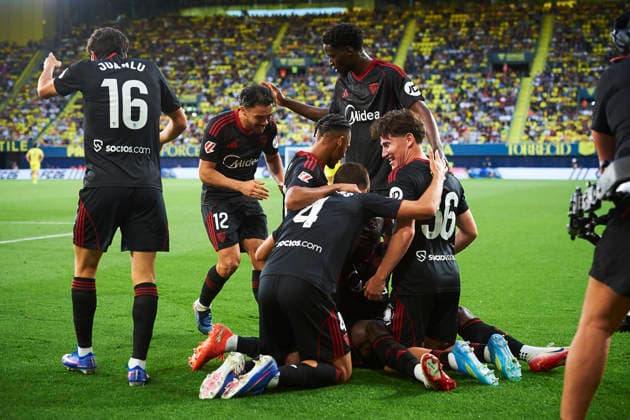 Sevilla players celebrates the goal of Akor Adams (Sevilla FC) during the LaLiga EA Sports match between Villarreal CF and Sevilla FC at Estadio de la Ceramica on May 13, 2026 in Villarreal, Spain. (Photo by Maria Jose Segovia DeFodi Images) -