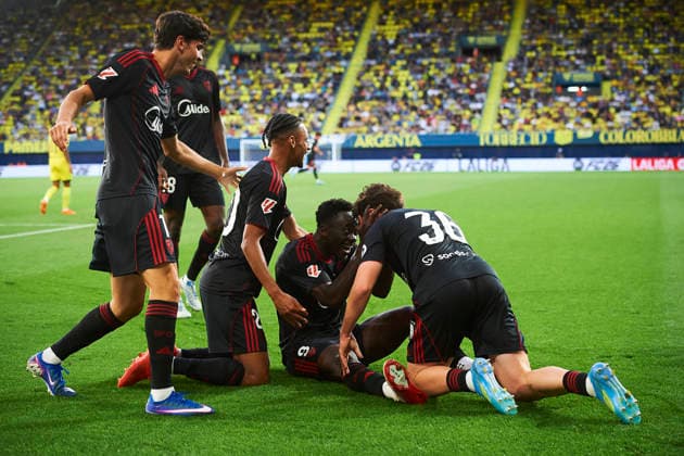 Sevilla players celebrates the goal of Akor Adams (Sevilla FC) during the LaLiga EA Sports match between Villarreal CF and Sevilla FC at Estadio de la Ceramica on May 13, 2026 in Villarreal, Spain. (Photo by Maria Jose Segovia DeFodi Images) -
