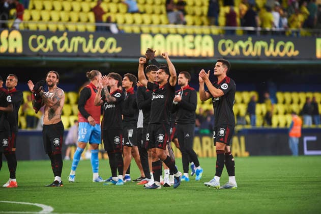 Sevilla players celebrates during the LaLiga EA Sports match between Villarreal CF and Sevilla FC at Estadio de la Ceramica on May 13, 2026 in Villarreal, Spain. (Photo by Maria Jose Segovia DeFodi Images) -