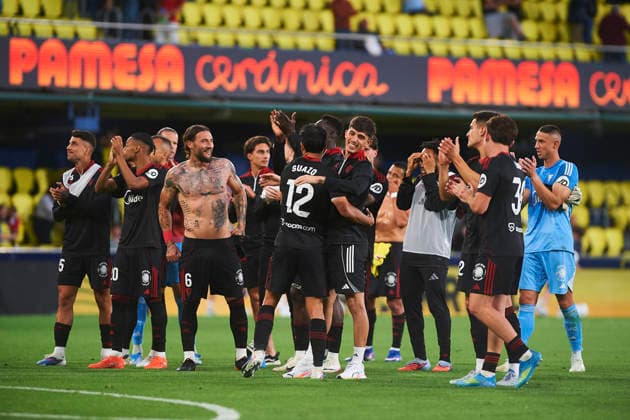 Sevilla players celebrates during the LaLiga EA Sports match between Villarreal CF and Sevilla FC at Estadio de la Ceramica on May 13, 2026 in Villarreal, Spain. (Photo by Maria Jose Segovia DeFodi Images) -